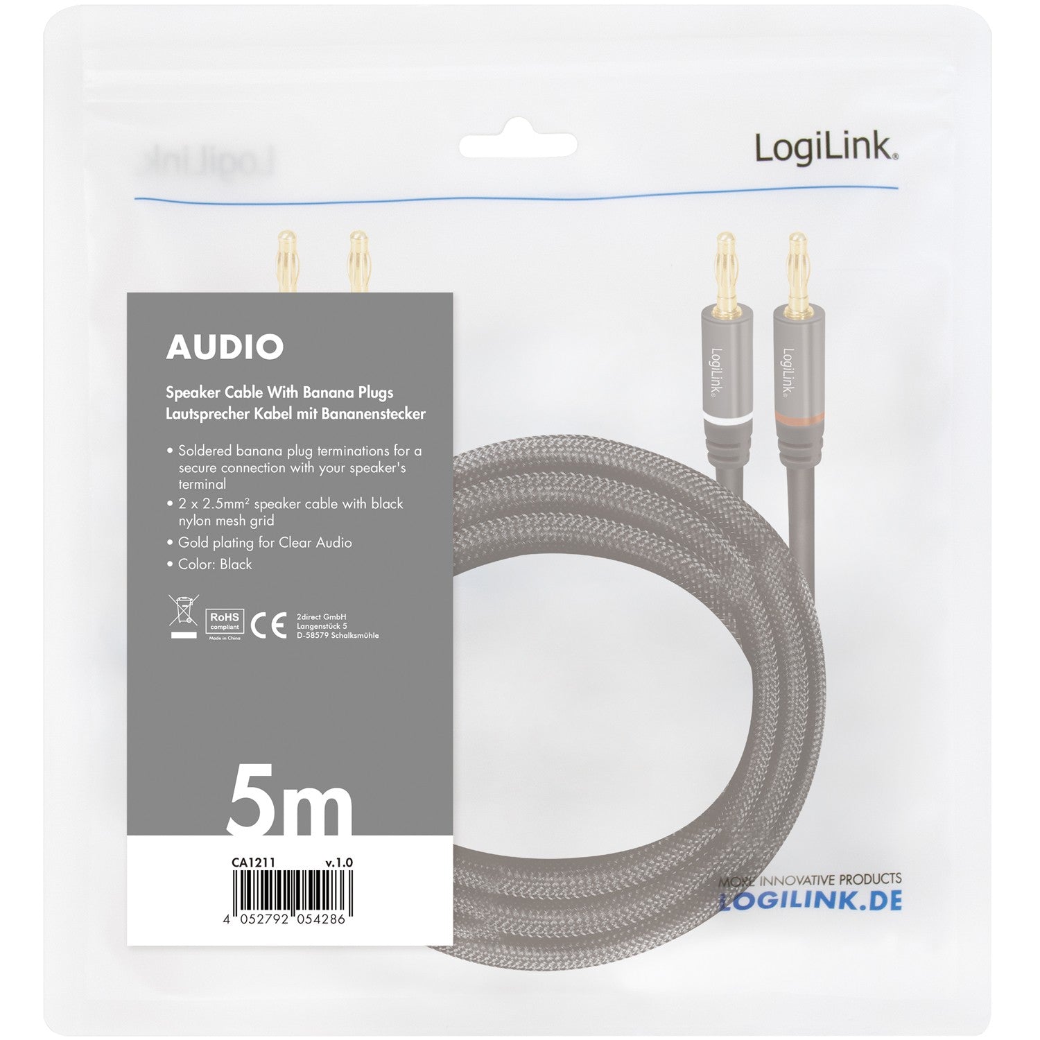 Speaker cable 2x2.5 mm² with banana plugs Black 5 meters