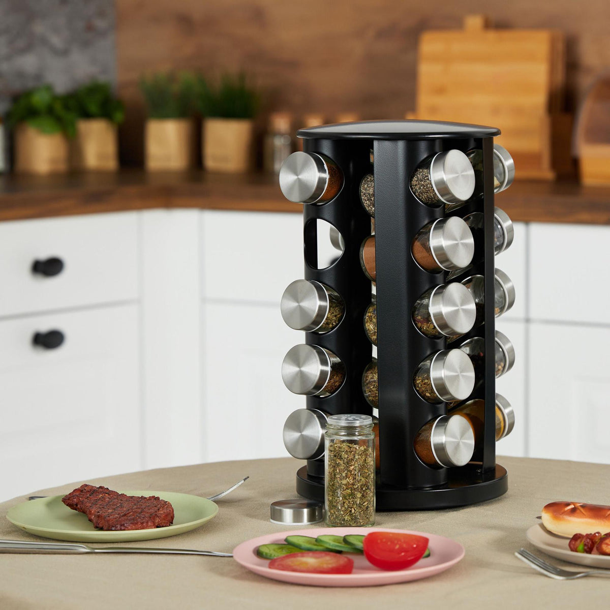 Spice carousel in stainless steel with 20 glasses