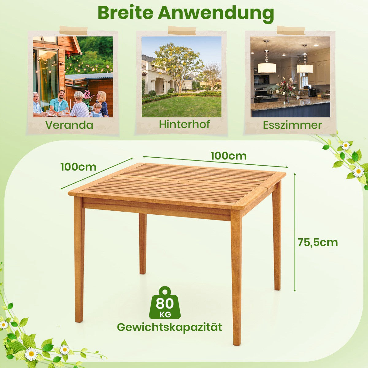 Square Acacia Wood Outdoor Dining Table with Umbrella Hole