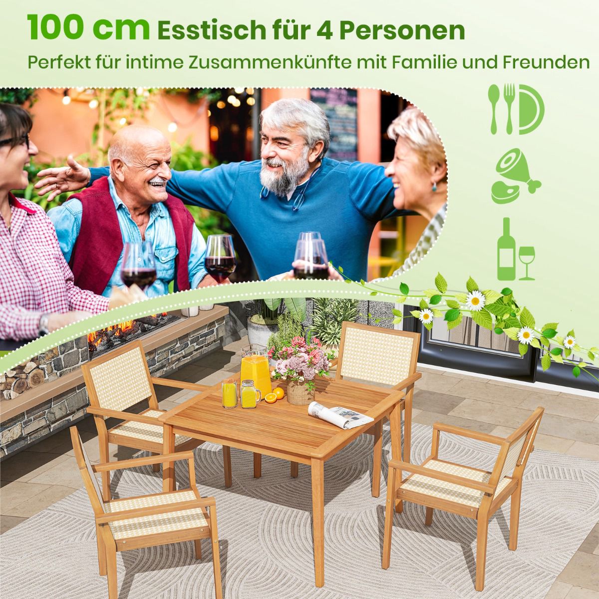 Square Acacia Wood Outdoor Dining Table with Umbrella Hole