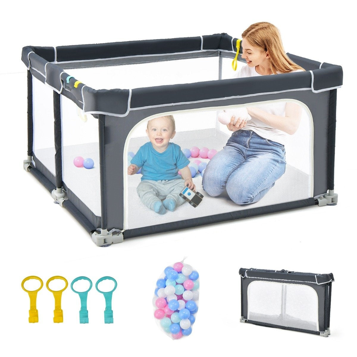 Square Baby Playpen 124 x 124 cm Large Play Fence Dark Gray