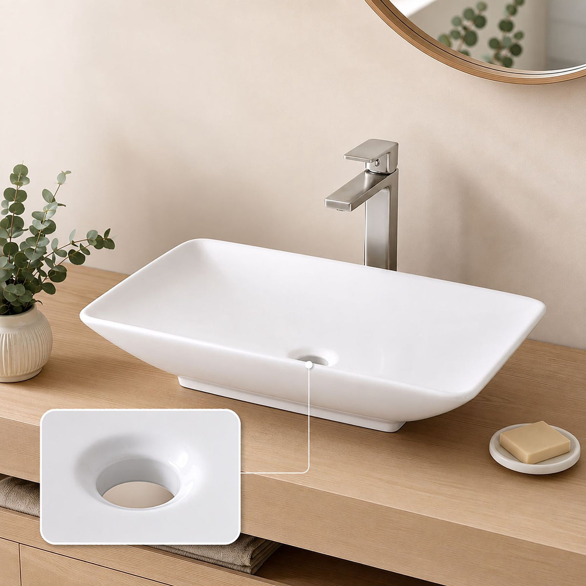 Square Ceramic Countertop Washbasin, 59 x 37 cm, White