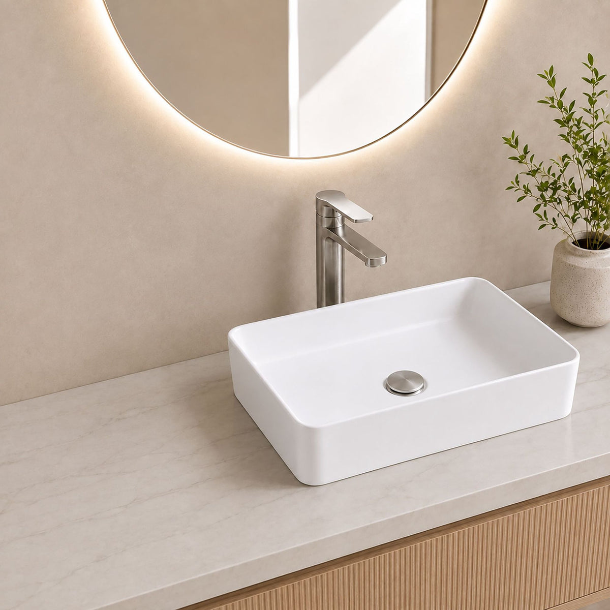 Square Ceramic Washbasin, 50 x 35 x 11 cm, White
