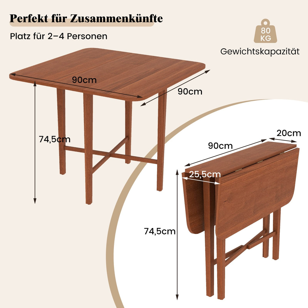 Square Folding Dining Table for 2-4, Brown Wood, Space-Saving