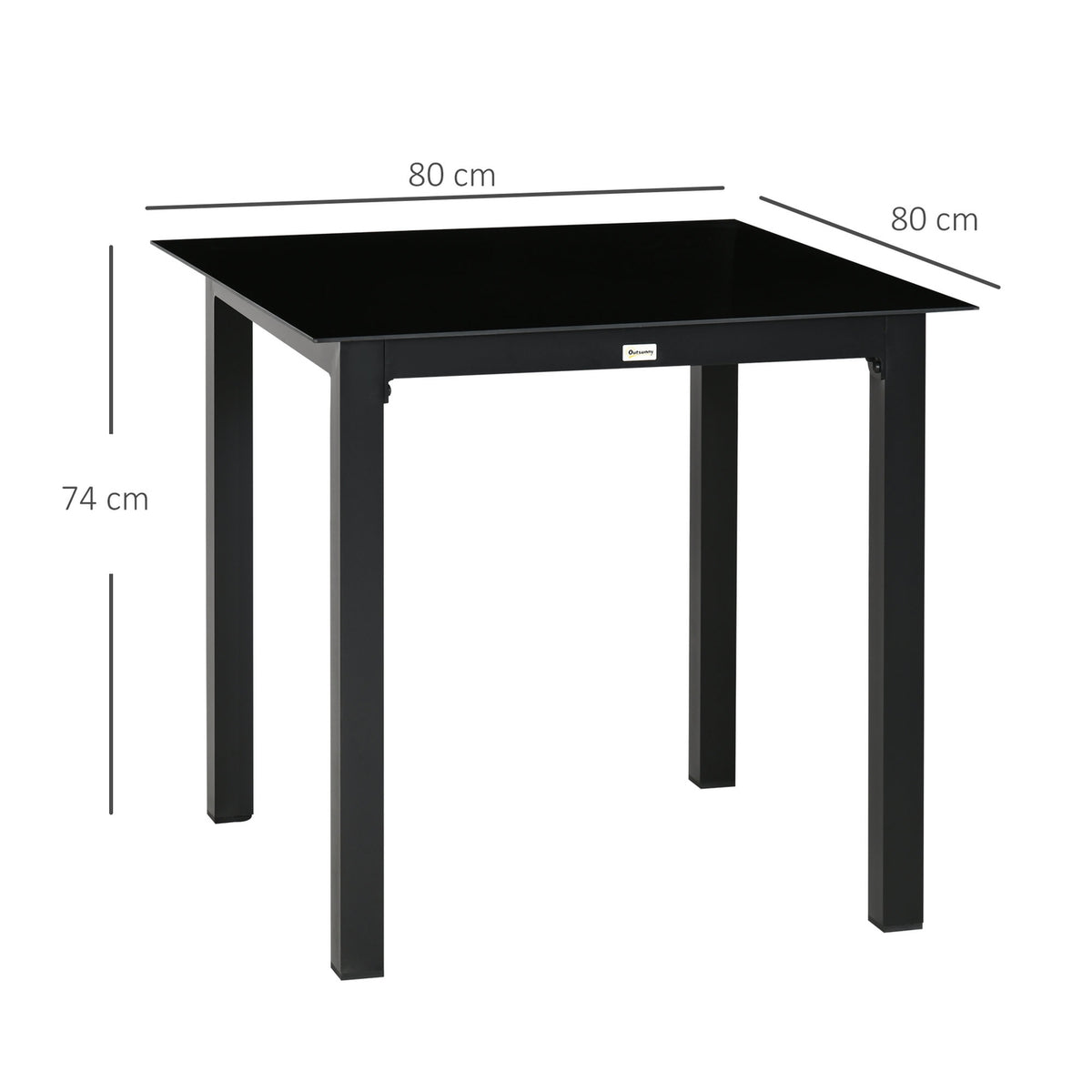 Square Garden Table 4 People Patio Table Tempered Glass Top Aluminum Black 80X80X74Cm