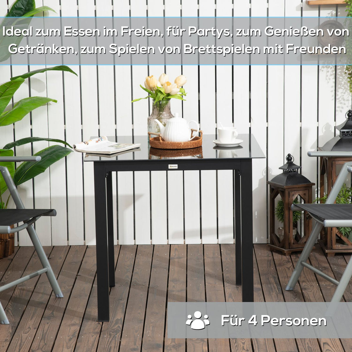 Square Garden Table 4 People Patio Table Tempered Glass Top Aluminum Black 80X80X74Cm