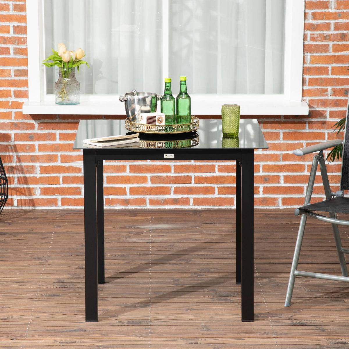 Square Garden Table 4 People Patio Table Tempered Glass Top Aluminum Black 80X80X74Cm