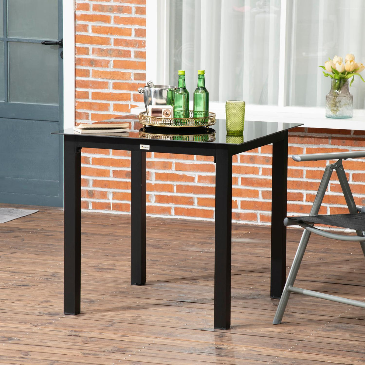 Square Garden Table 4 People Patio Table Tempered Glass Top Aluminum Black 80X80X74Cm