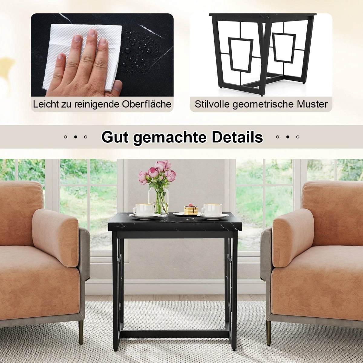 Square Marble Side Table, Black, 60x60x60 cm