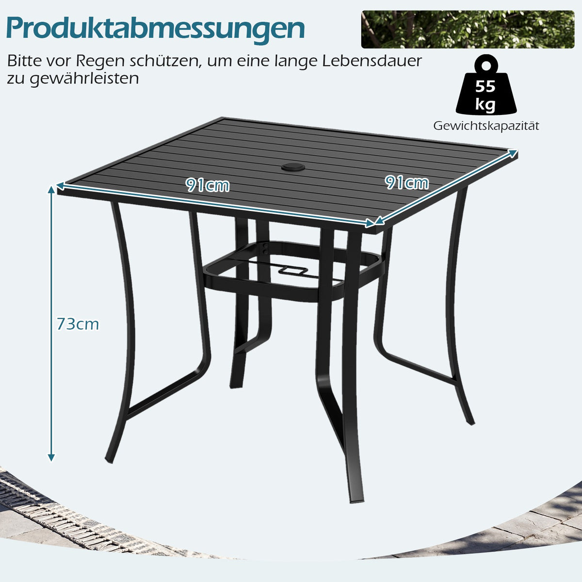 Square Metal Patio Table with Umbrella Hole, Black, 91cm