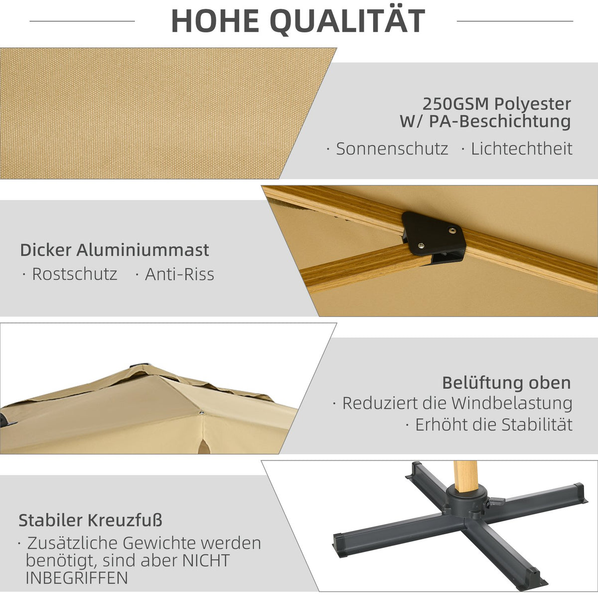 Square Parasol, Height-Adjustable Cantilever Umbrella, 295 X 295 Cm With Rotating Umbrella Stand, Garden Umbrella With Adjustable Tilt, Khaki