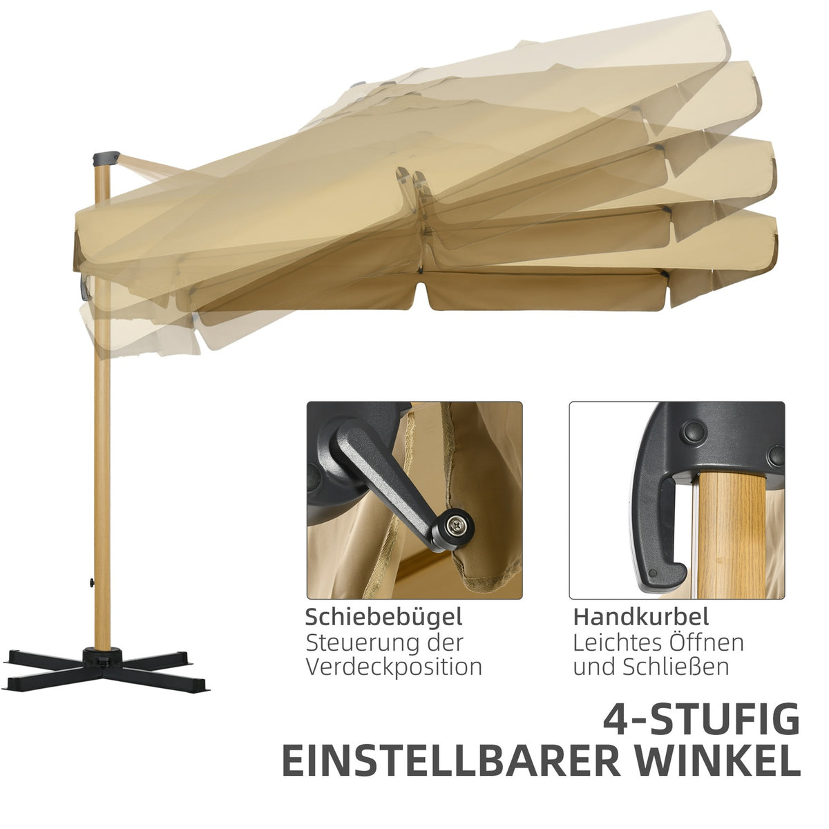Square Parasol, Height-Adjustable Cantilever Umbrella, 295 X 295 Cm With Rotating Umbrella Stand, Garden Umbrella With Adjustable Tilt, Khaki