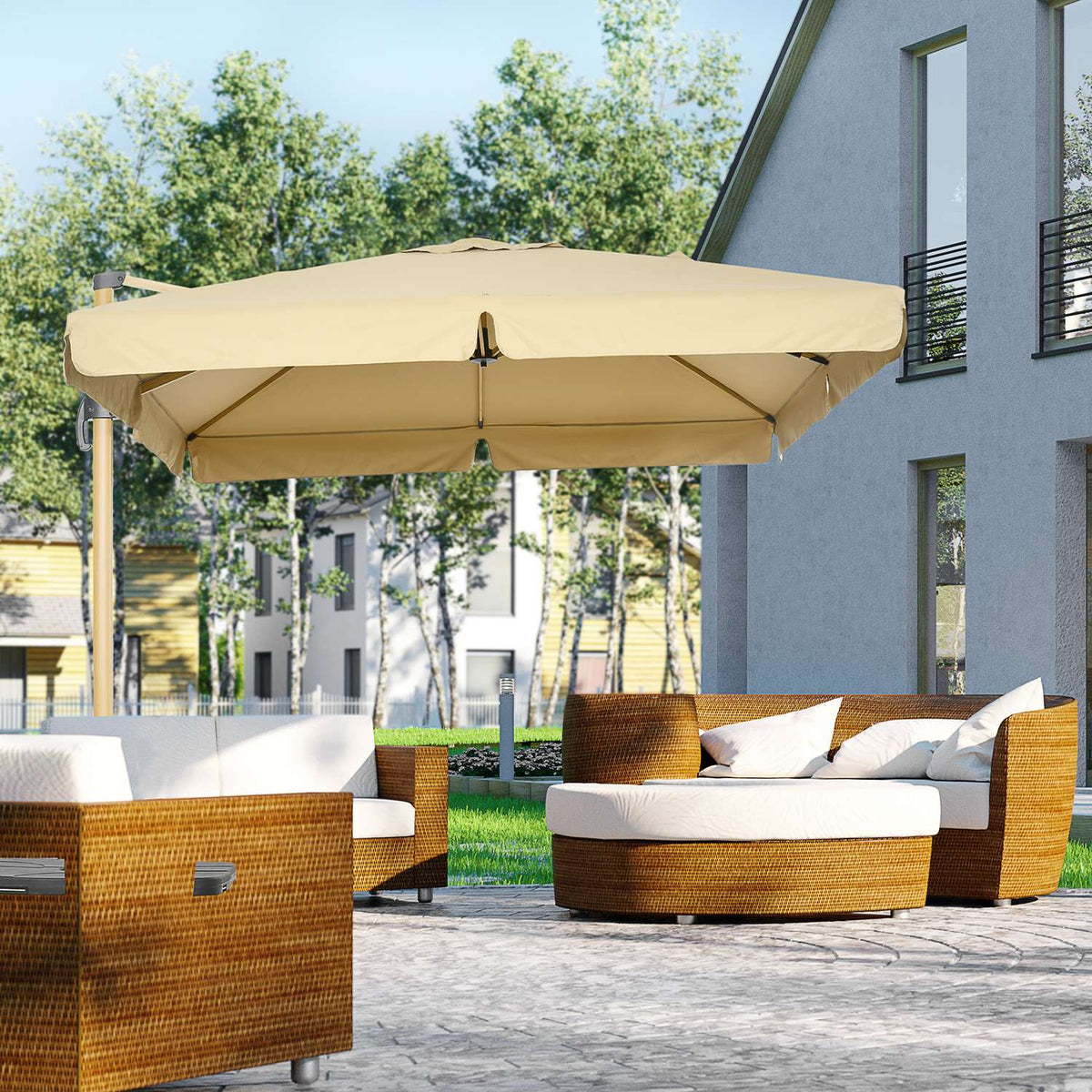 Square Parasol, Height-Adjustable Cantilever Umbrella, 295 X 295 Cm With Rotating Umbrella Stand, Garden Umbrella With Adjustable Tilt, Khaki