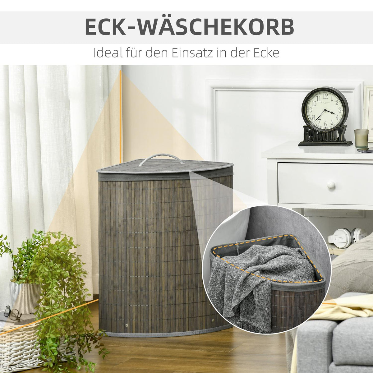 Square bamboo laundry basket 55L with lid and removable bag 38 x 38 x 57 cm Gray