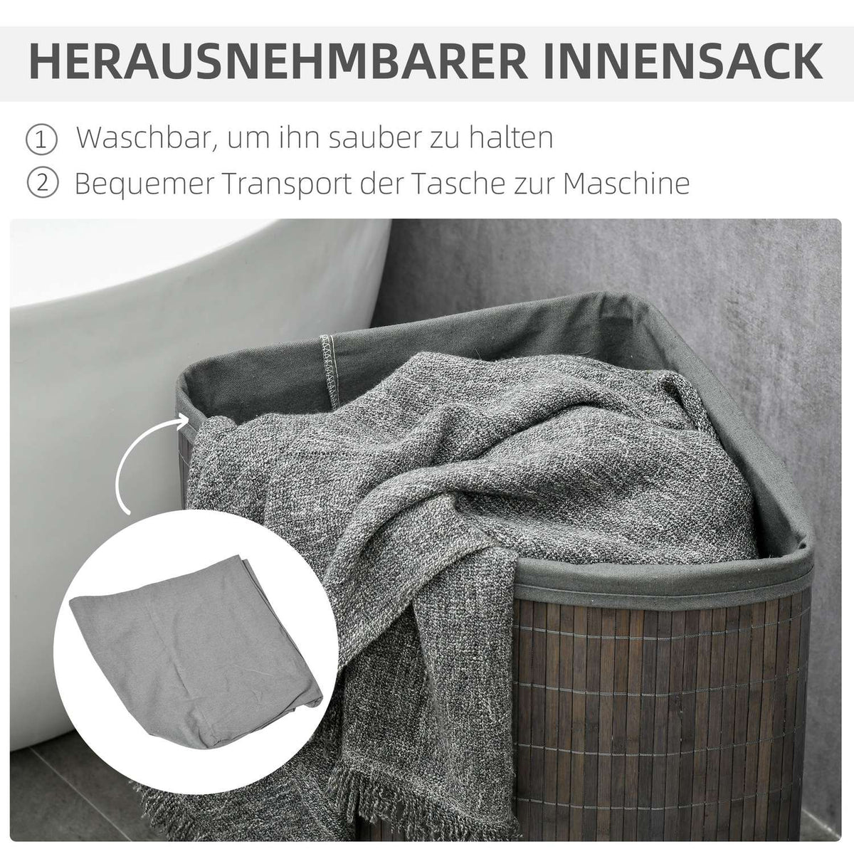 Square bamboo laundry basket 55L with lid and removable bag 38 x 38 x 57 cm Gray