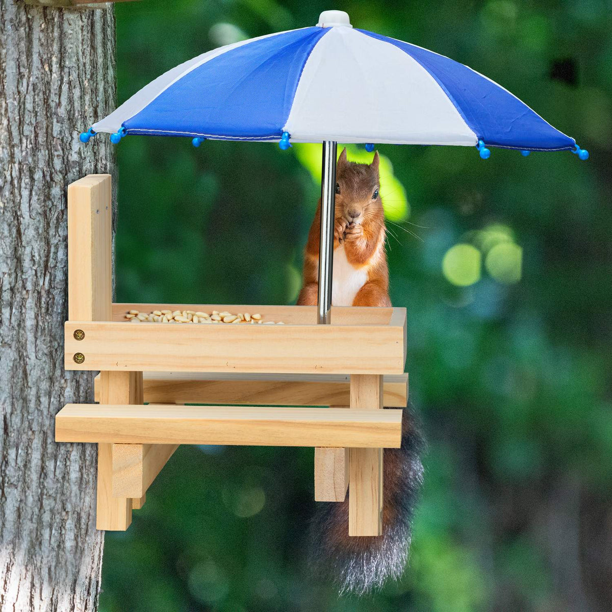 Squirrel Picnic Table Feeder with 2 Umbrellas