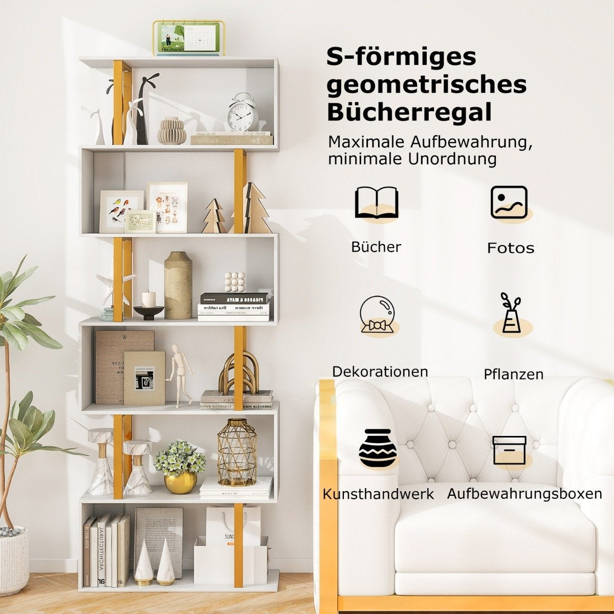 S-shaped bookcase with 6 levels standing shelf room divider storage shelf 70 x 24 x 189 cm
