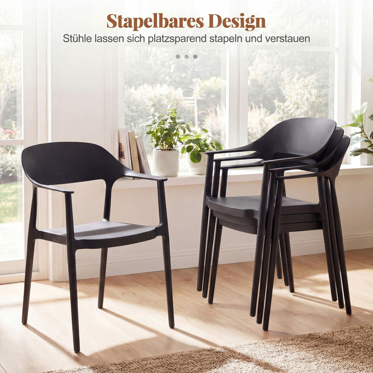 Stackable Black Dining Chair, 150 kg Capacity, Plastic