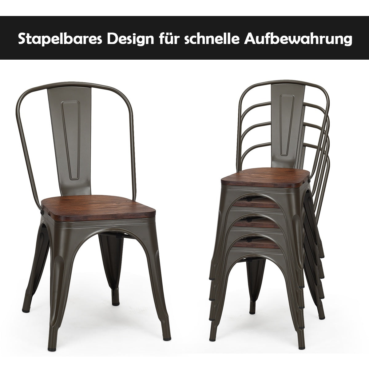 Stackable Dining Chairs Set of 4, Metal Frame, Wood Seat – Dark Green