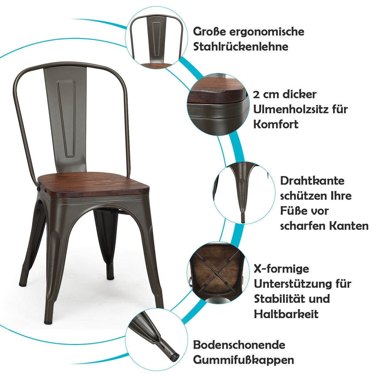 Stackable Dining Chairs Set of 4, Metal Frame, Wood Seat – Dark Green