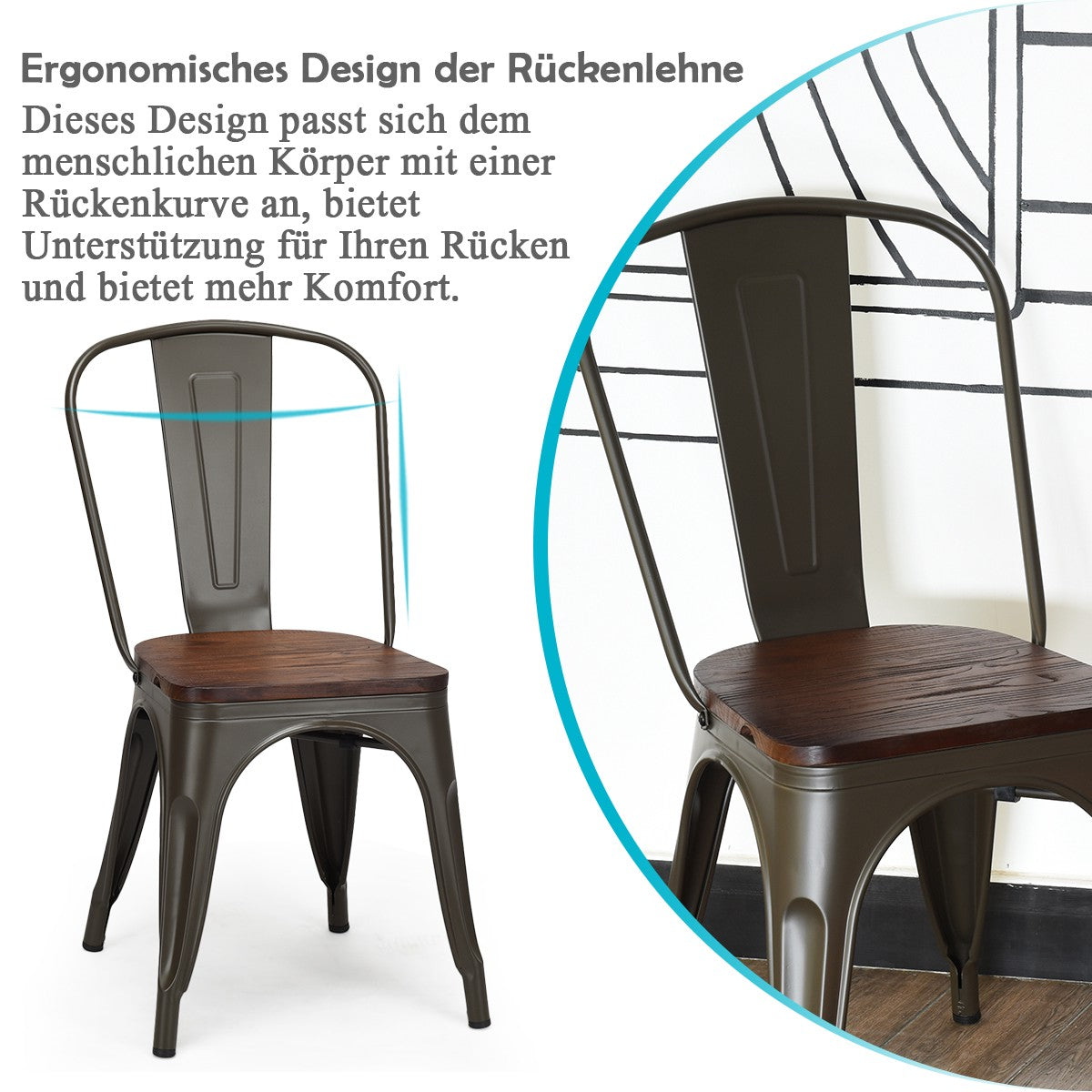 Stackable Dining Chairs Set of 4, Metal Frame, Wood Seat – Dark Green