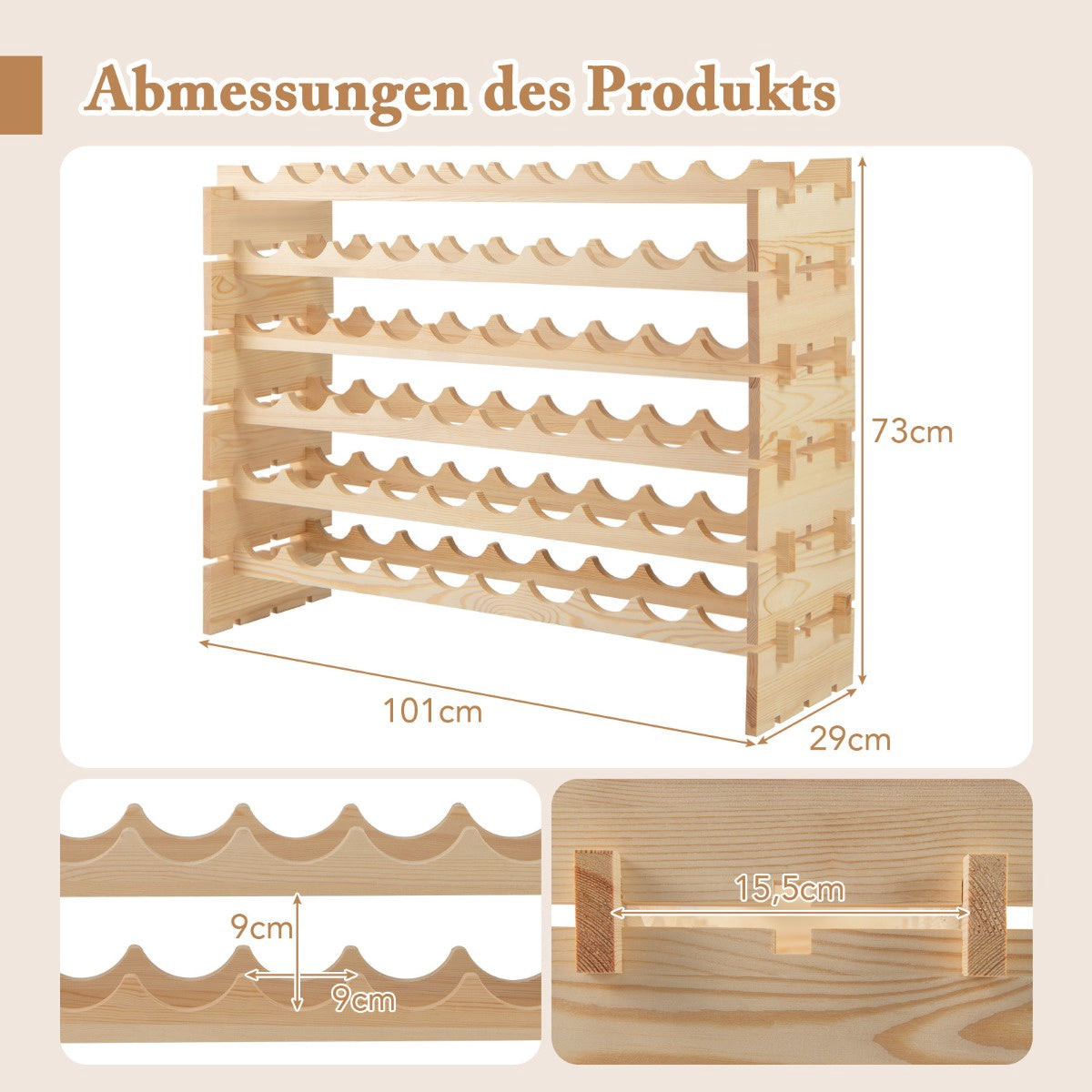 Stackable Modular Wine Rack, Holds 60 Bottles, Pine Wood