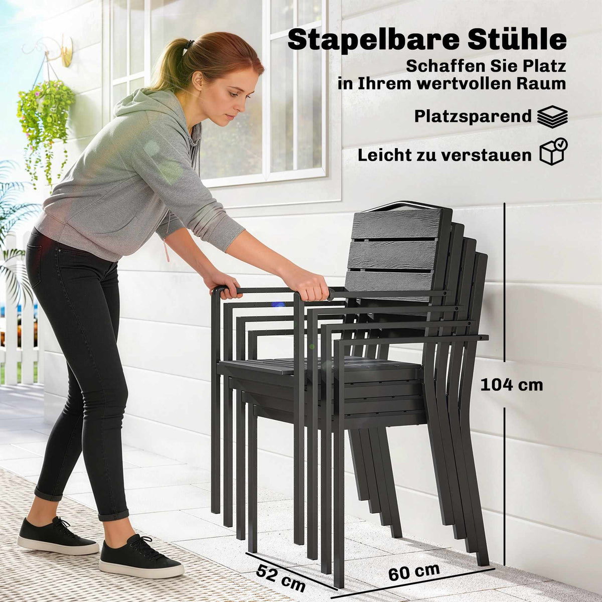 Stackable Outdoor Chairs, Set of 4, Black, HDPE, 52x51x90 cm