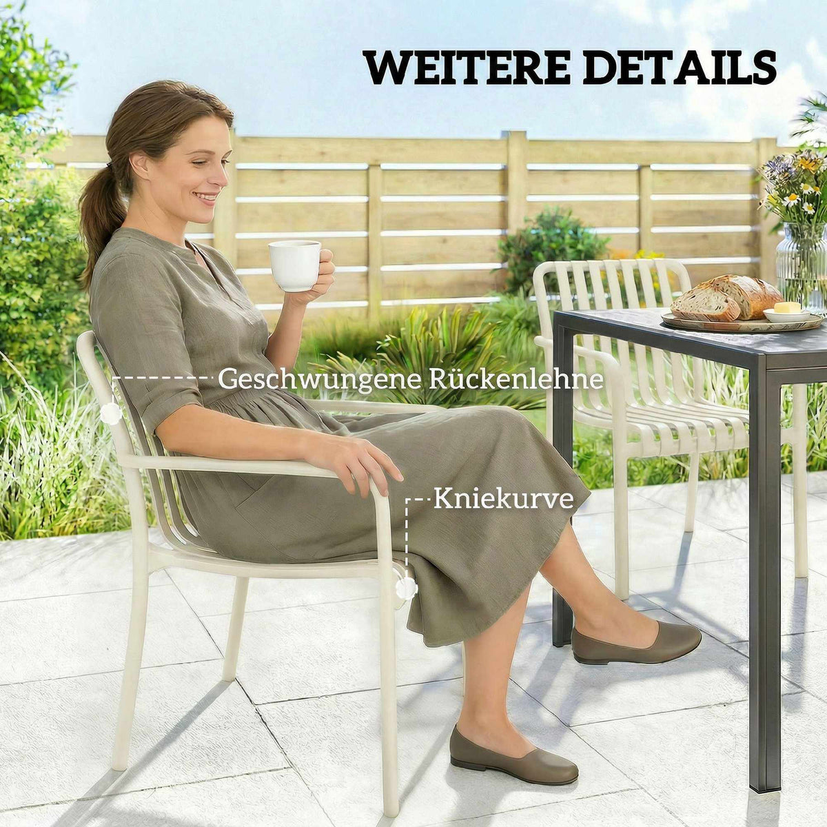 Stackable Outdoor Chairs, Set of 4, Cream White, Ergonomic Design