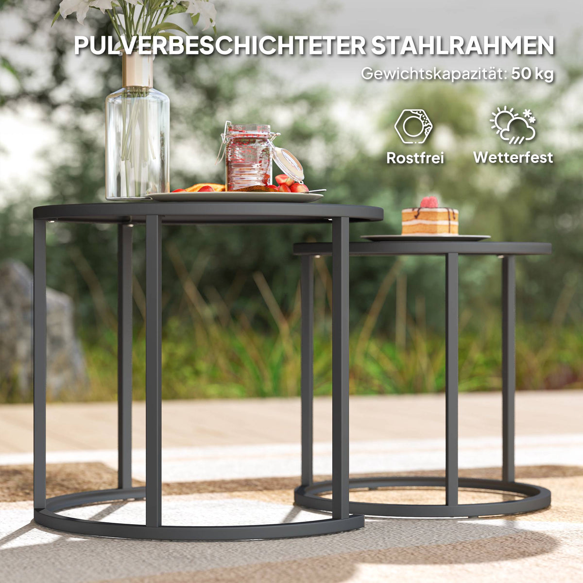 Stackable Round Outdoor Side Table Set, Dark Grey Steel