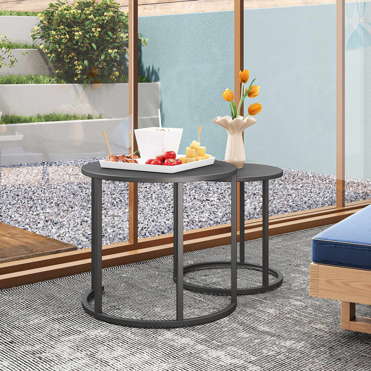 Stackable Round Outdoor Side Table Set, Dark Grey Steel