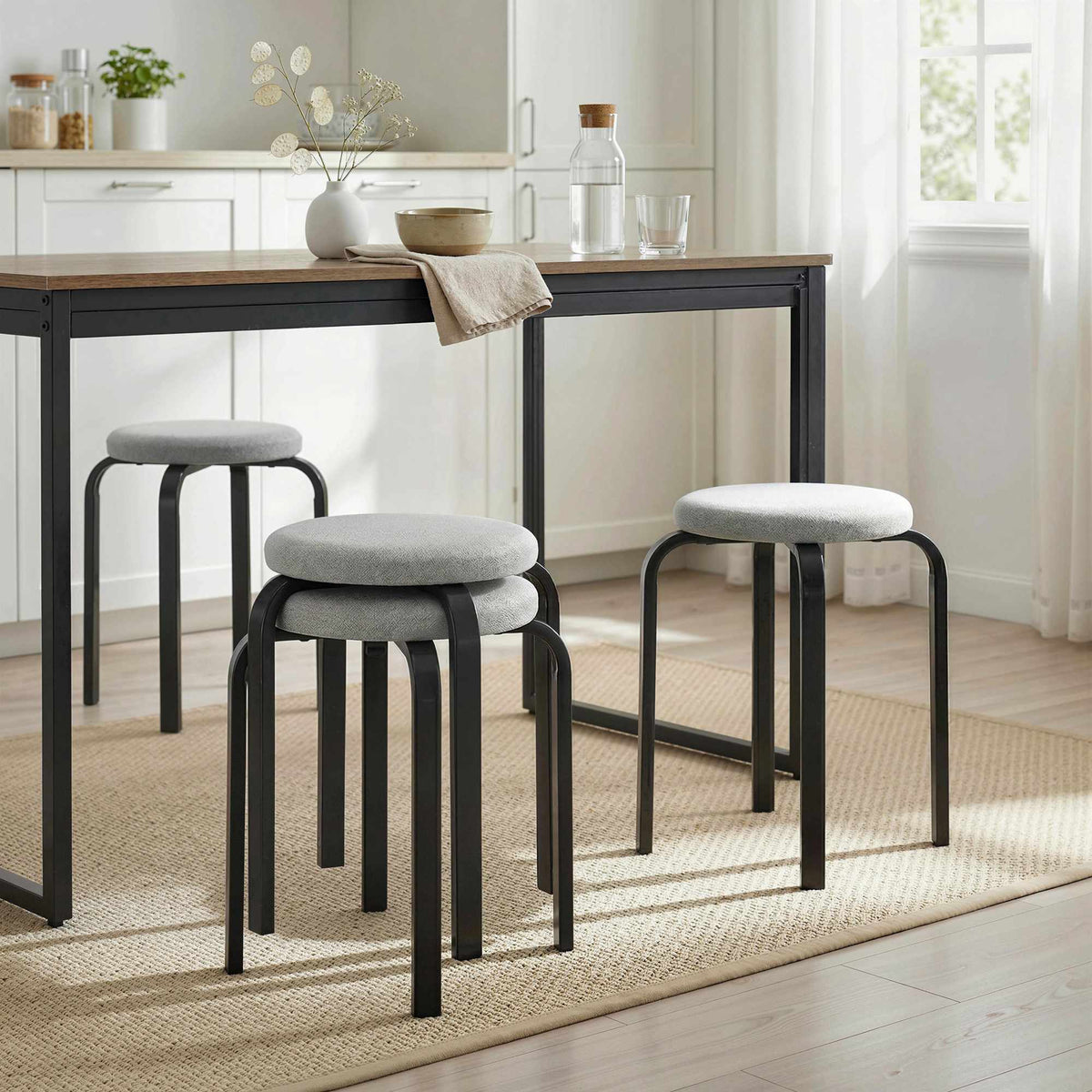 Stackable Round Stools Set of 4, Padded, Grey