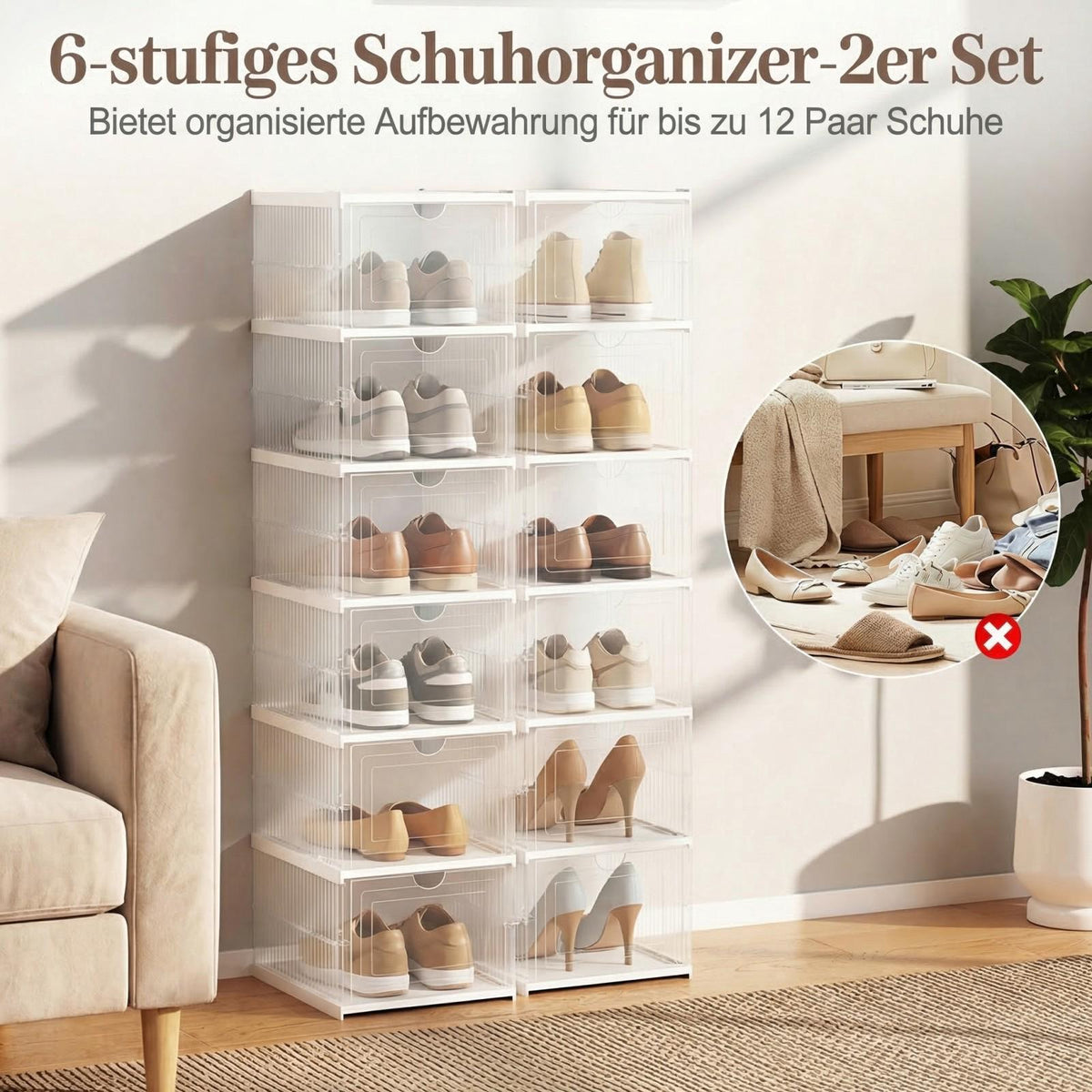 Stackable Shoe Boxes with Flip Door, 12-Pair Organizer Set