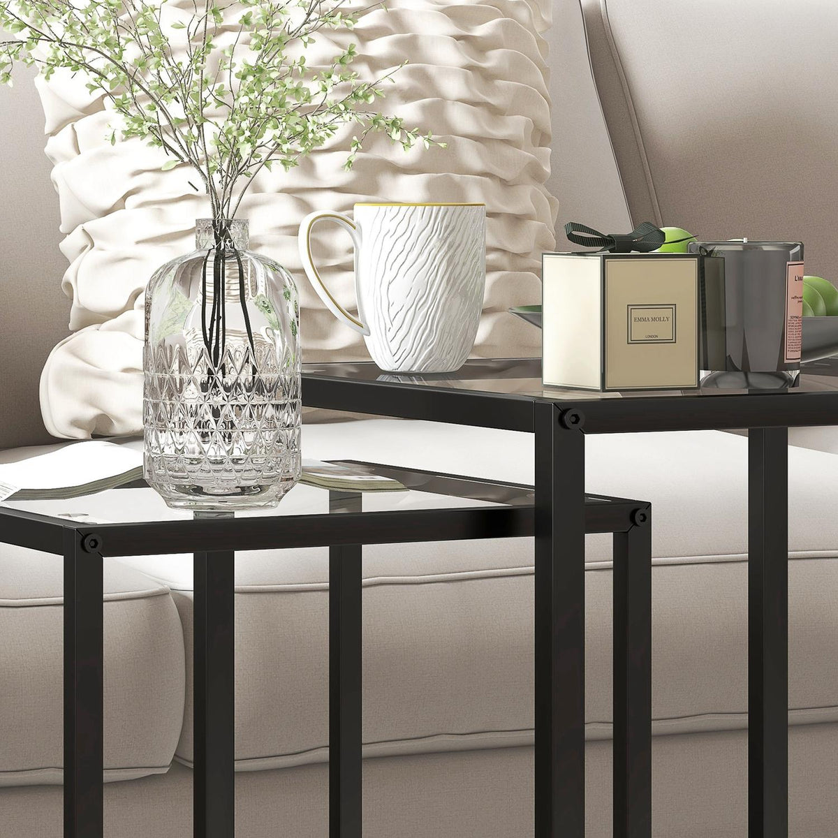 Stackable Side Tables Set, Steel Legs, Black, Modern Design