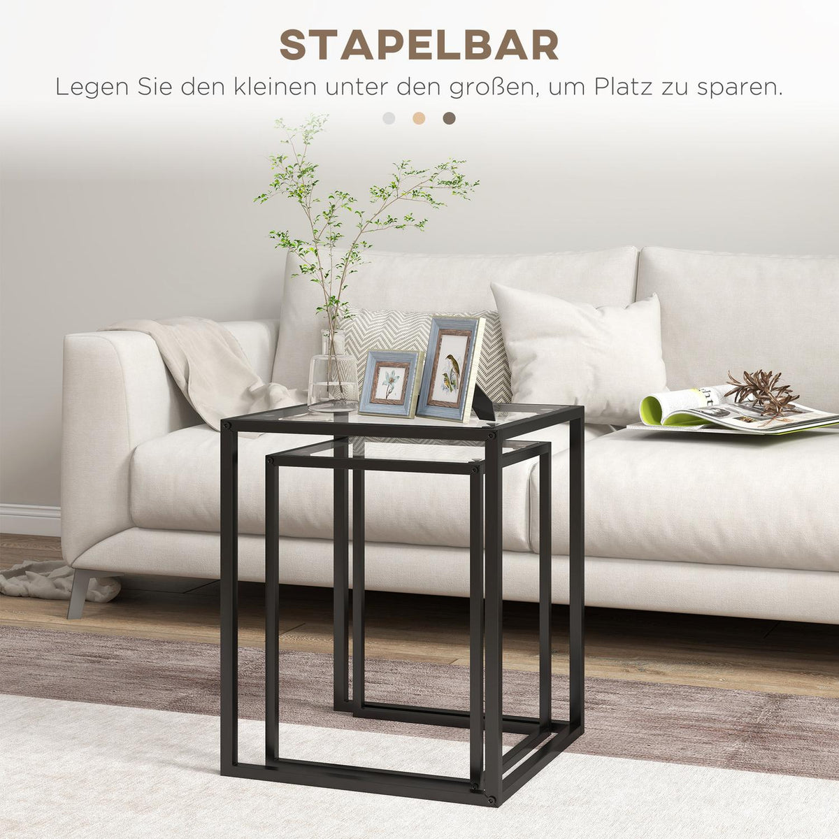 Stackable Side Tables Set, Steel Legs, Black, Modern Design