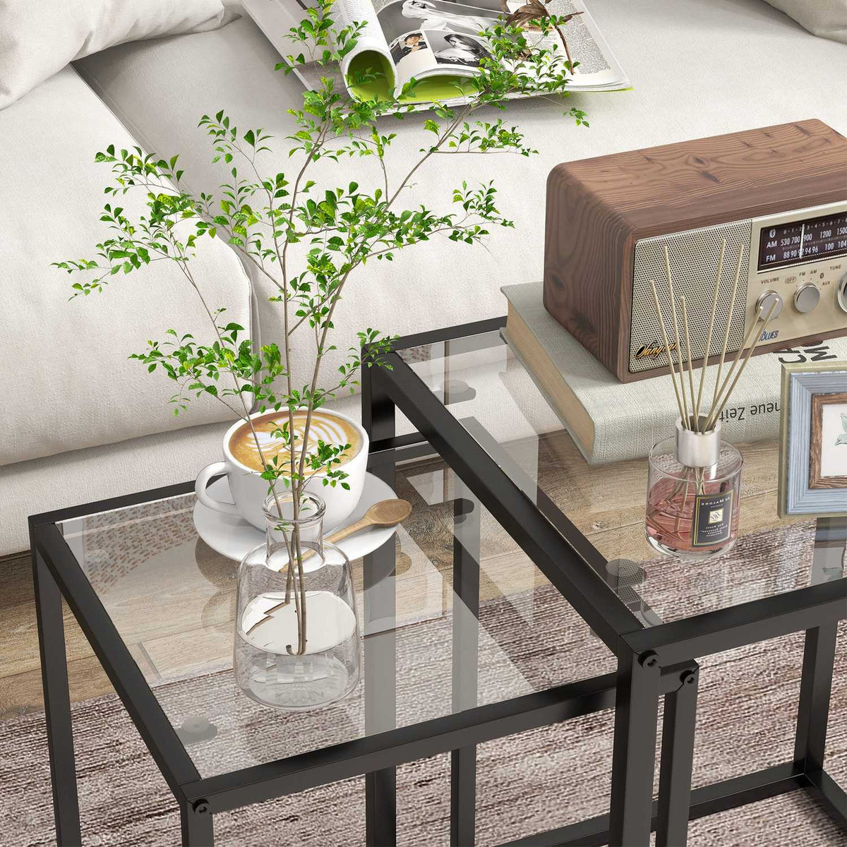 Stackable Side Tables Set, Steel Legs, Black, Modern Design