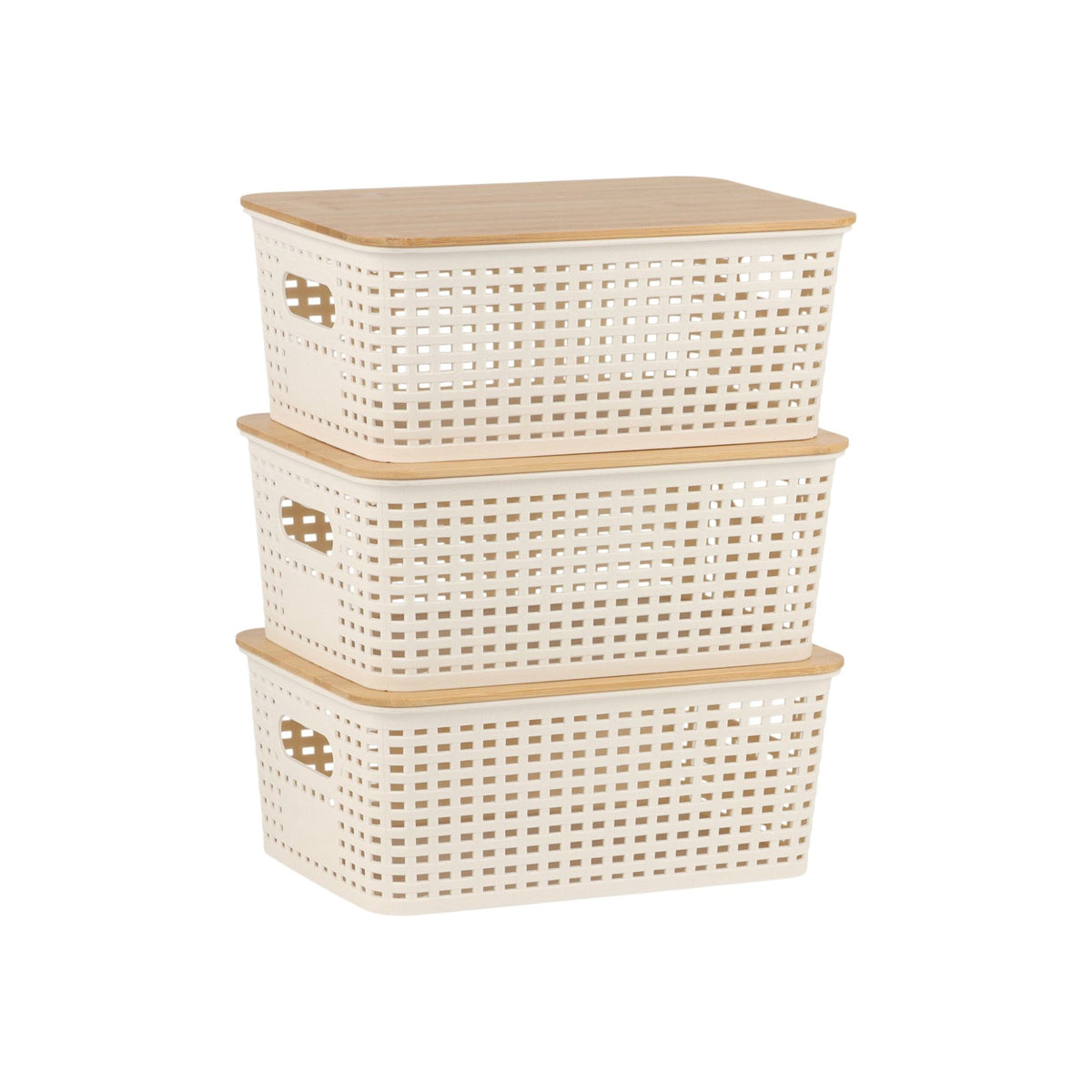 Stackable Storage Box Set with Bamboo Lid, Perforated Design