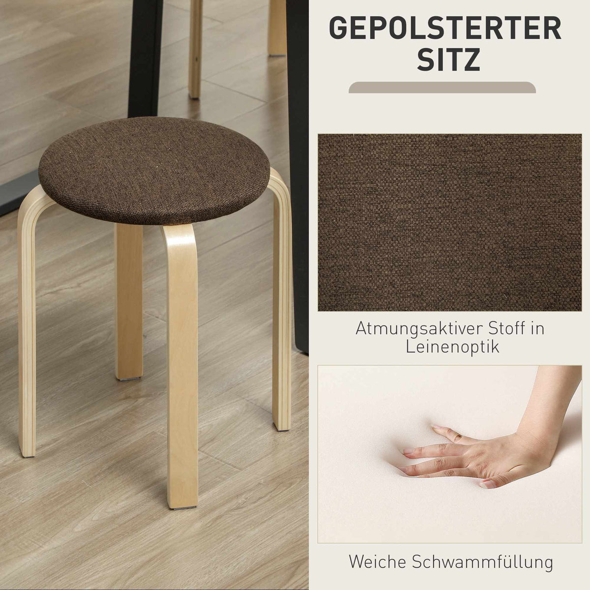 Stackable Upholstered Stools, Set of 4, Wood Legs, Brown