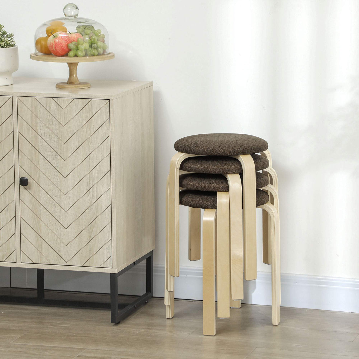 Stackable Upholstered Stools, Set of 4, Wood Legs, Brown