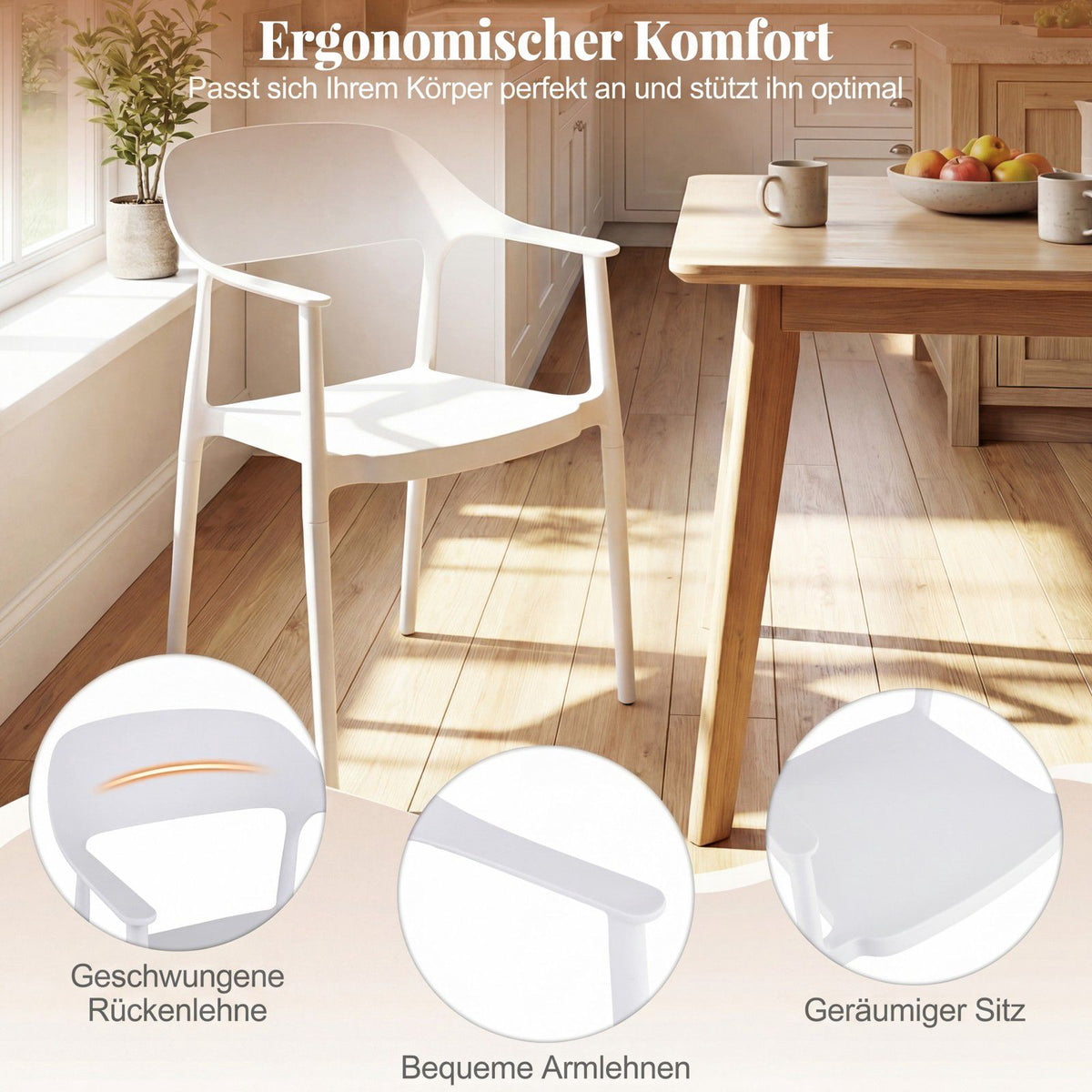 Stackable White Dining Chairs Set of 4, 150kg Capacity
