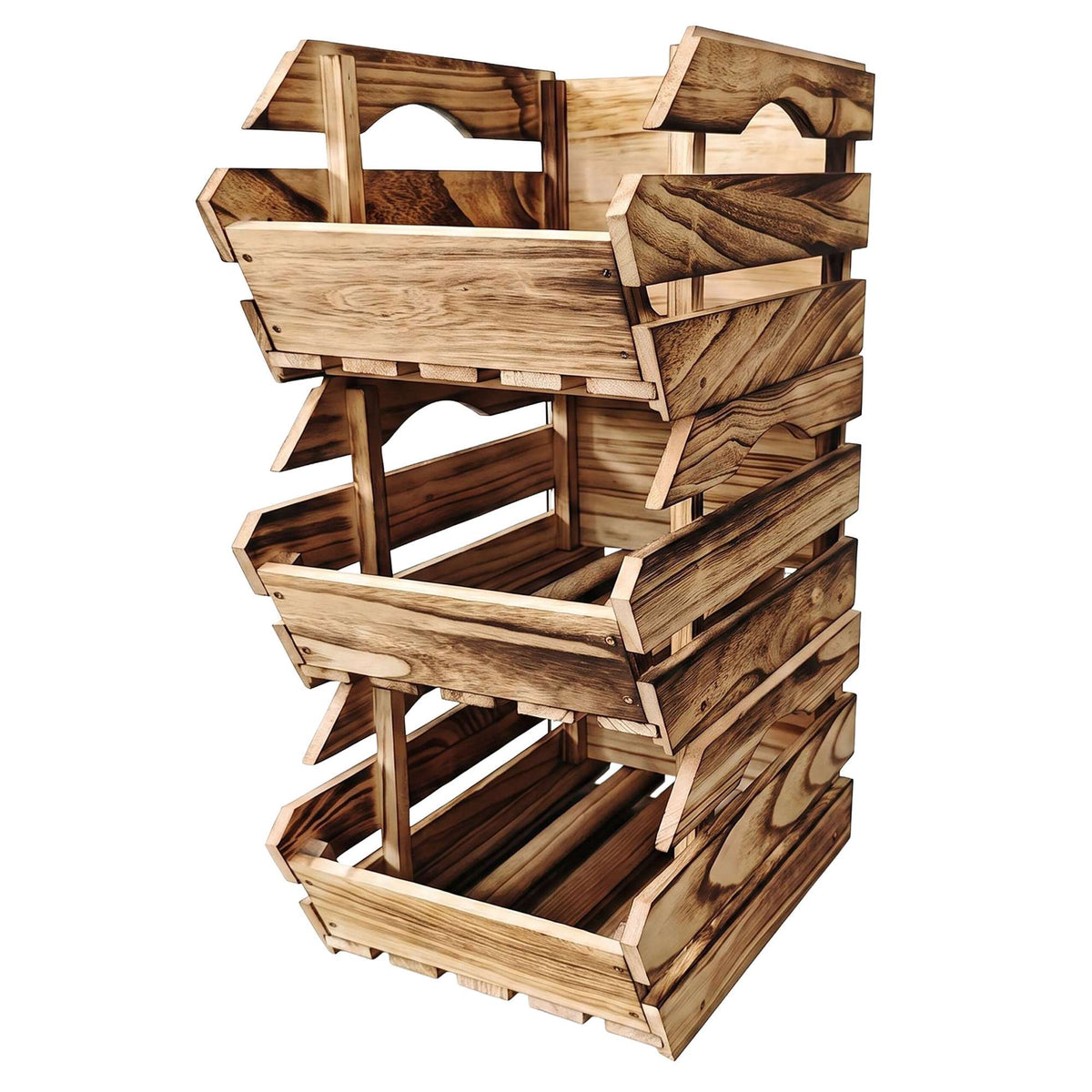 Stackable Wooden Crates Set, Flamed Finish, 3 Pack