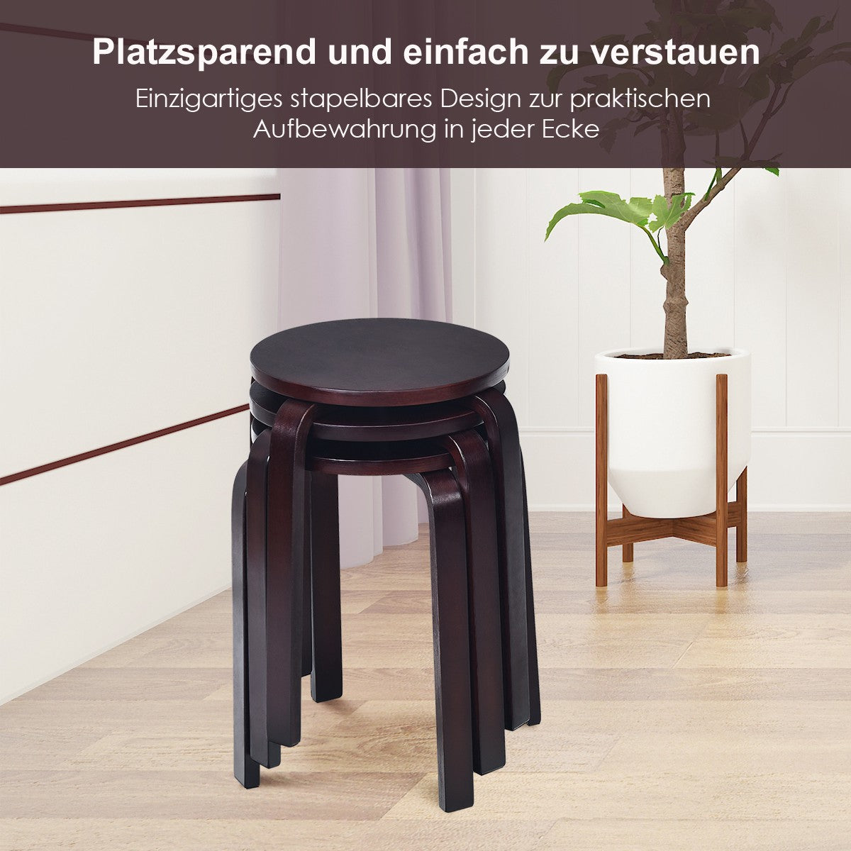 Stackable Wooden Stools Set of 4, Birch Wood, Brown