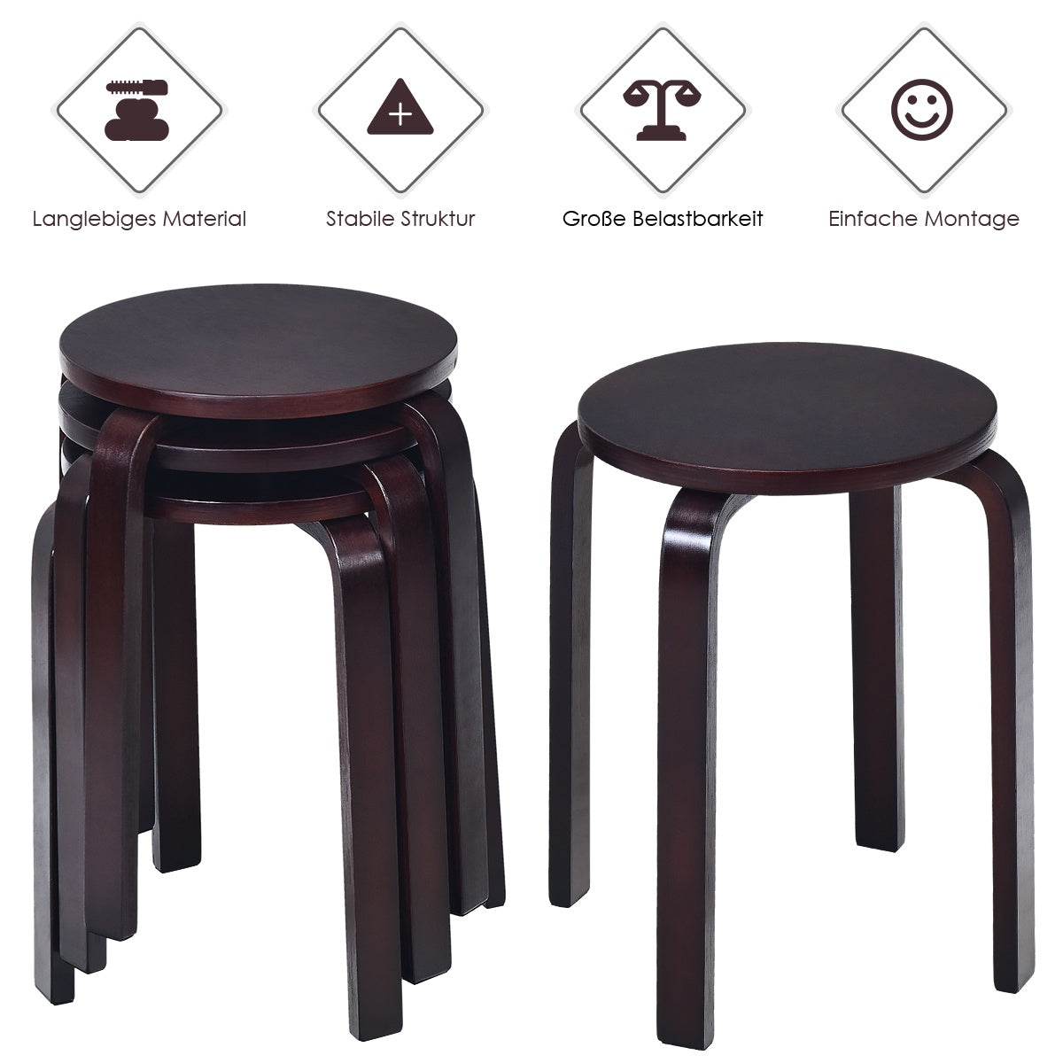 Stackable Wooden Stools Set of 4, Birch Wood, Brown