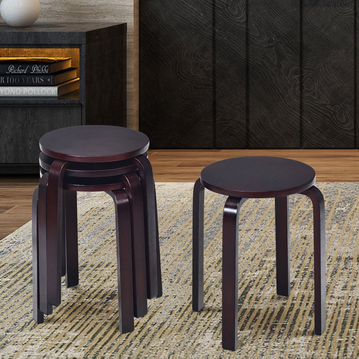 Stackable Wooden Stools Set of 4, Birch Wood, Brown