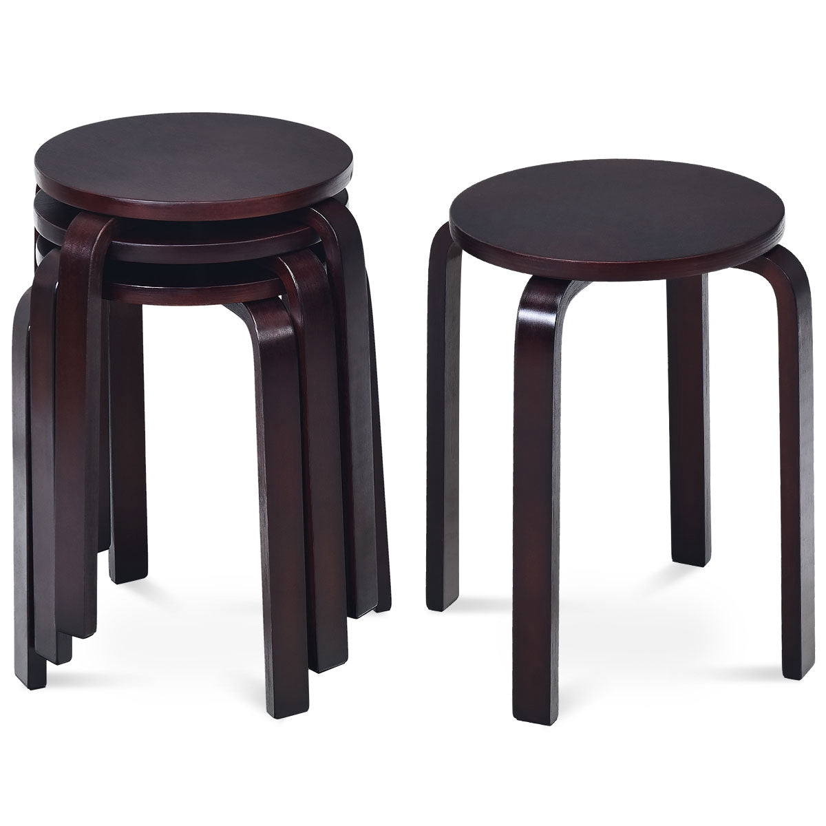 Stackable Wooden Stools Set of 4, Birch Wood, Brown