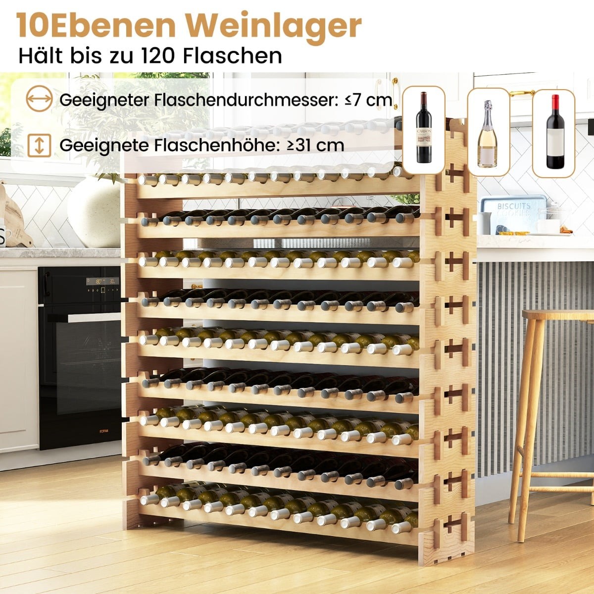 Stackable Wooden Wine Rack for 120 Bottles, 10-Tier