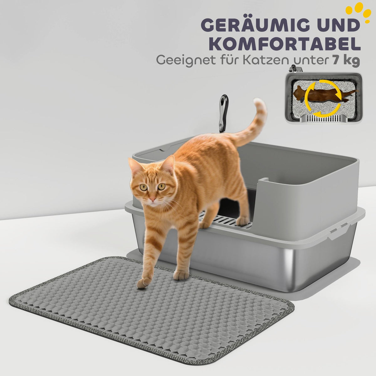 Stainless Steel Cat Litter Box with Scoop, High Sides, Grey
