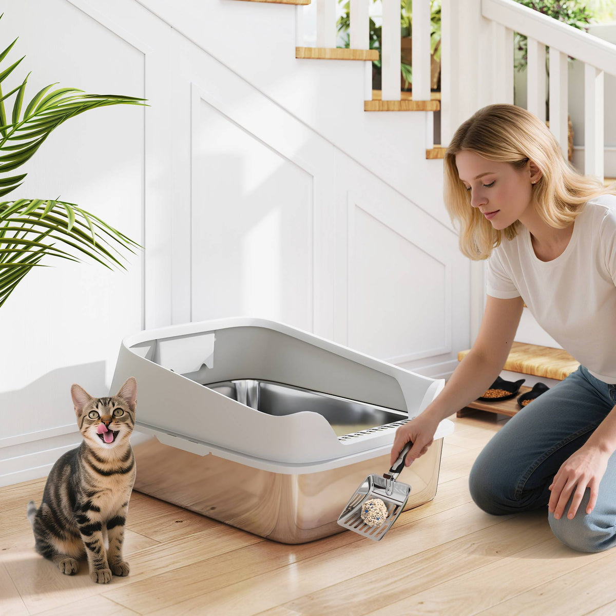 Stainless Steel Cat Litter Box with Scoop, High Sides, XXL