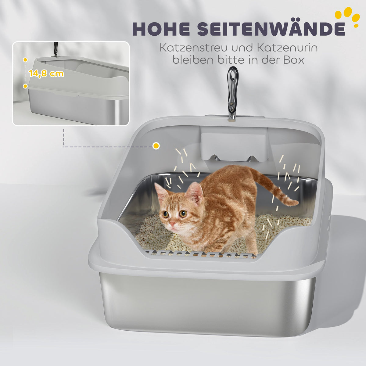 Stainless Steel Cat Litter Box with Scoop, High Sides, XXL