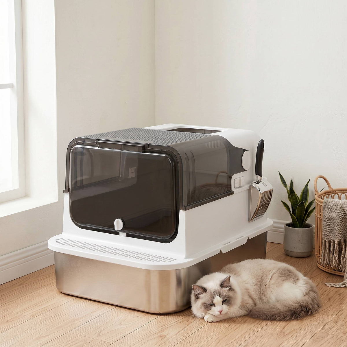 Stainless Steel Covered Cat Litter Box, 72L XXL, Double-Entry