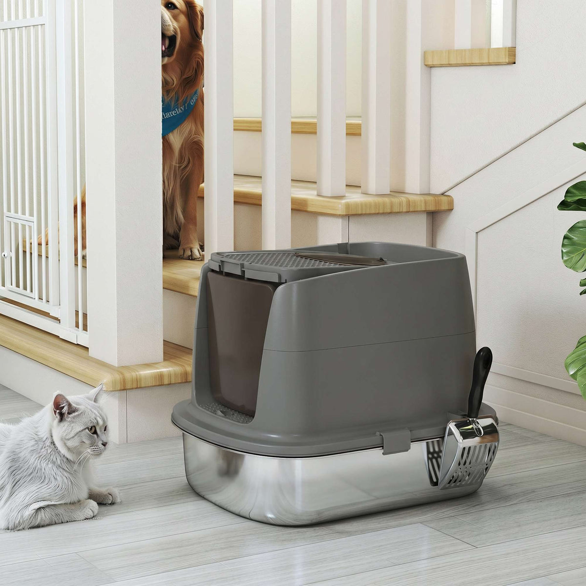 Stainless Steel Covered Cat Litter Box, Scoop, Dark Gray